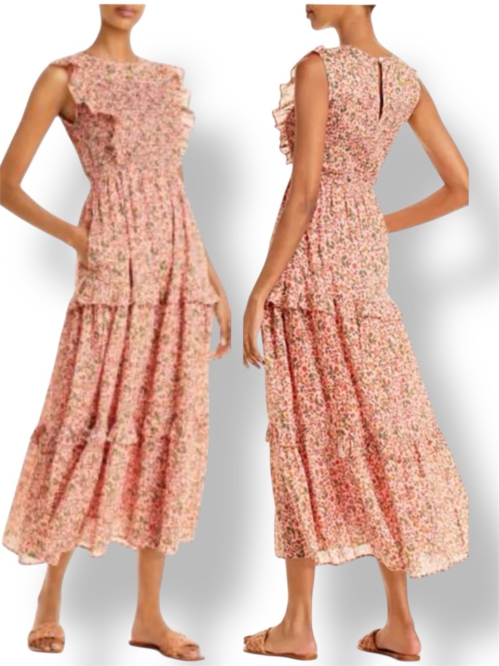 Banjanan Iris Smocked Meadow Floral Print Organic Cotton Maxi Dress Red/Yellow M